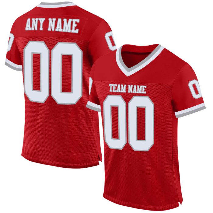 Custom Authentic Football Jersey - Red White Gray Mesh Throwback Design Custom Red White-Gray Mesh Authentic Throwback Football - Image 1