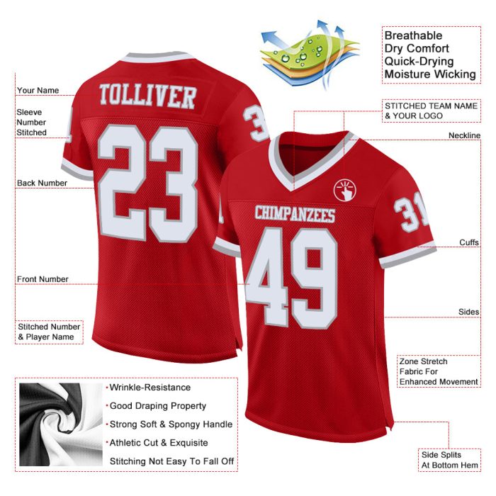 Custom Authentic Football Jersey - Red White Gray Mesh Throwback Design Custom Red White-Gray Mesh Authentic Throwback Football - Image 2