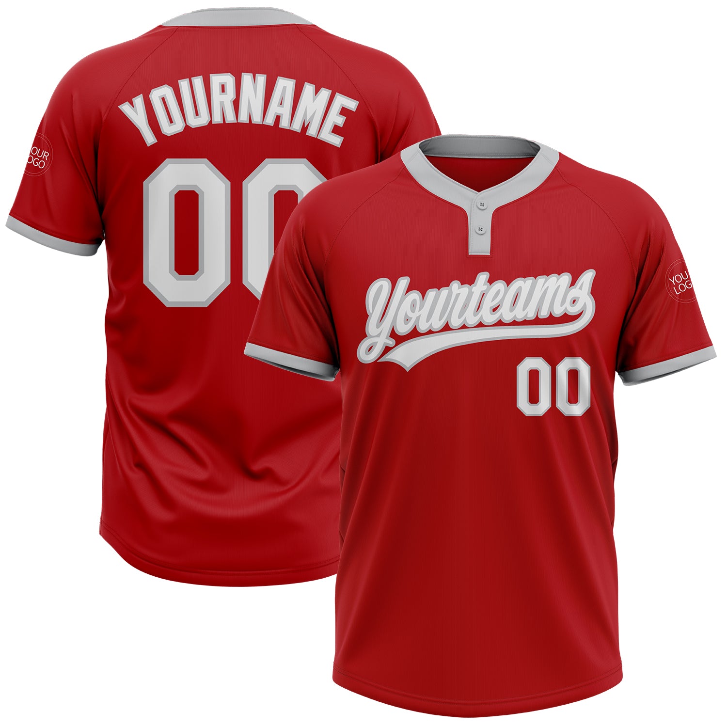 Custom Softball Jersey Unisex Two-Button Red White Gray - Personalized Sports Apparel Custom Red White-Gray Two-Button Unisex