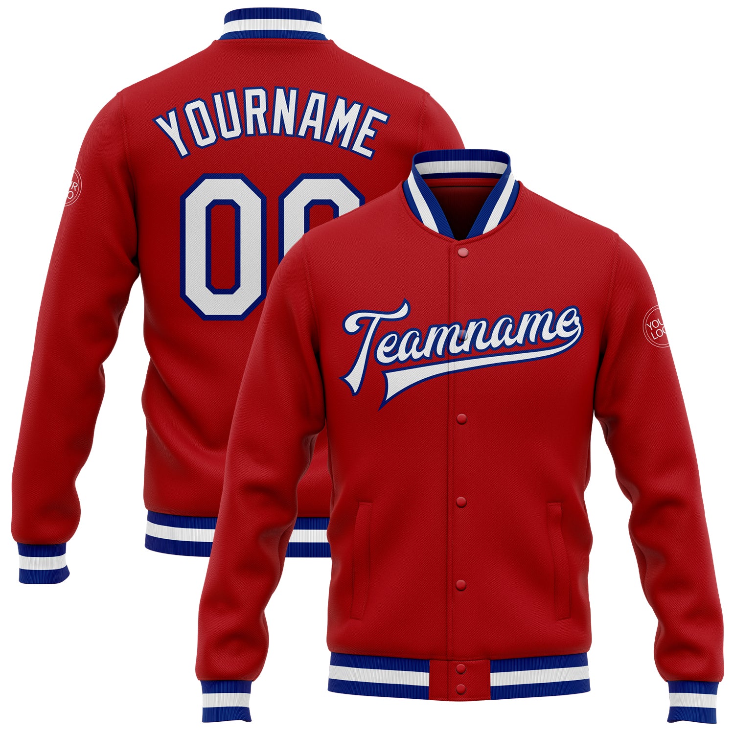 Custom Red White Royal Varsity Letterman Bomber Jacket Full Snap Custom Red White-Royal Bomber Full-Snap Varsity Letterman