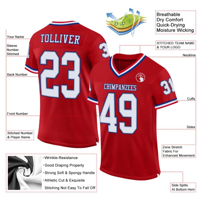 Custom Red White Royal Football Jersey Authentic Throwback Mesh Design Custom Red White-Royal Mesh Authentic Throwback Football - Image 2