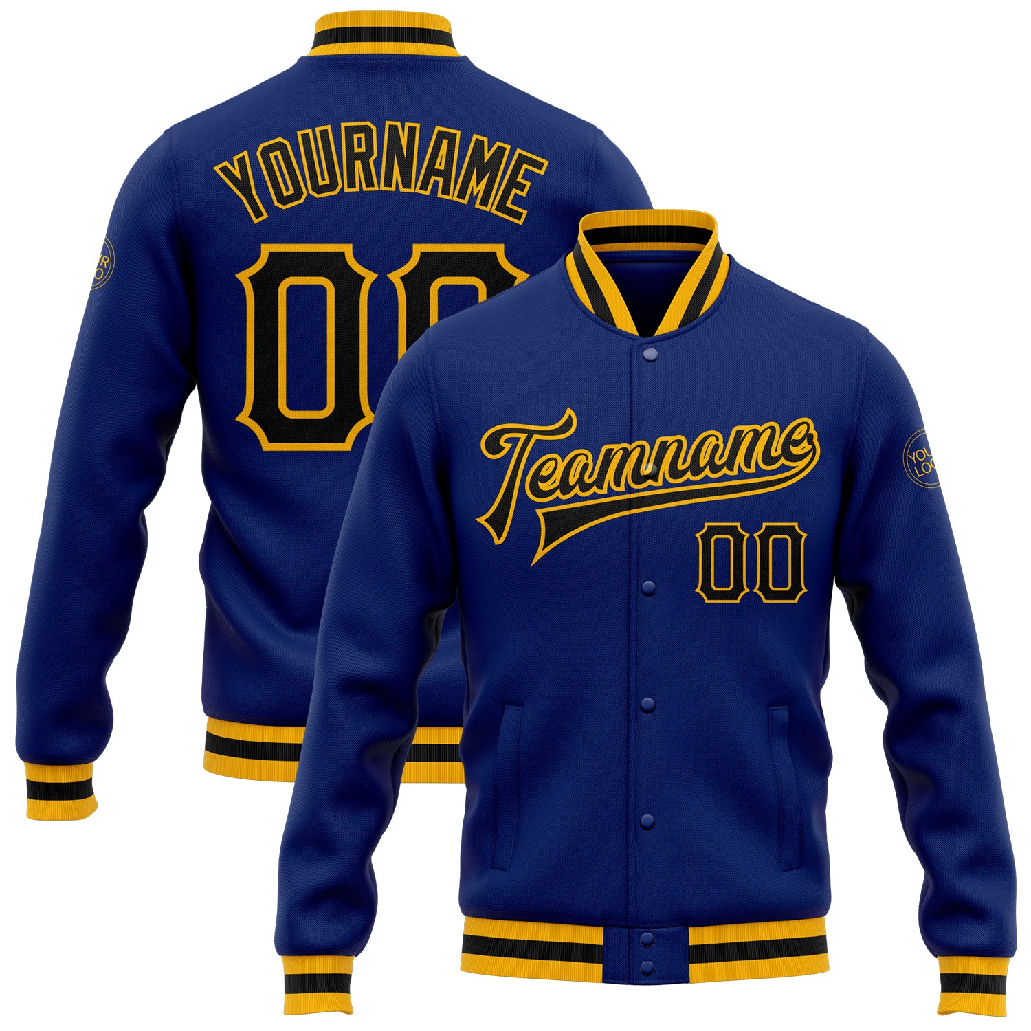 Custom Black Gold Bomber Jacket Varsity Letterman Full-Snap Style, Personalized Design for Men Custom Royal Black-Gold Bomber