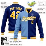 Royal Gold Light Blue Varsity Letterman Bomber Jacket Custom Split Fashion Custom Royal Gold-Light Blue Bomber Full-Snap - Image 3