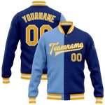 Royal Gold Light Blue Varsity Letterman Bomber Jacket Custom Split Fashion Custom Royal Gold-Light Blue Bomber Full-Snap