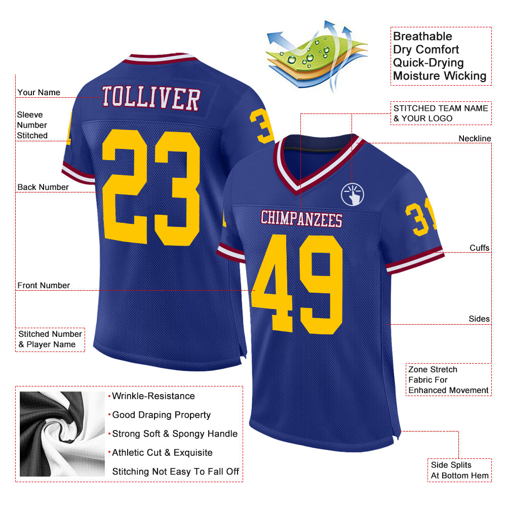 Custom Royal Gold-Maroon Mesh Authentic Throwback Football Jersey Royal Gold Maroon Custom Authentic Throwback Football Jersey, Mesh Design Custom Royal Gold-Maroon Mesh Authentic Throwback - Image 2