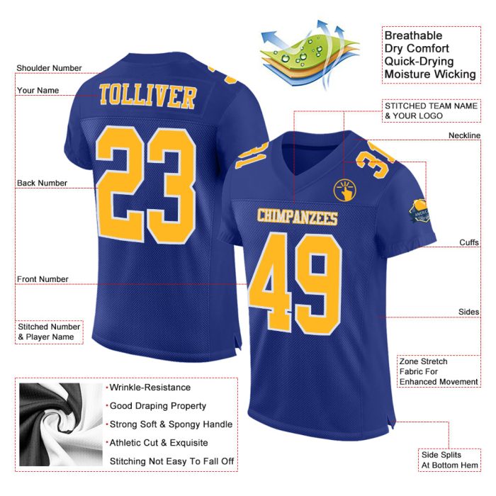 Royal Gold-White Custom Football Jersey - Authentic Mesh Design Custom Royal Gold-White Mesh Authentic Football Jersey - Image 2
