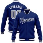 Custom Royal Gray Navy Bomber Varsity Letterman Jacket Full-Snap Design Custom Royal Gray-Navy Bomber Full-Snap Varsity Letterman