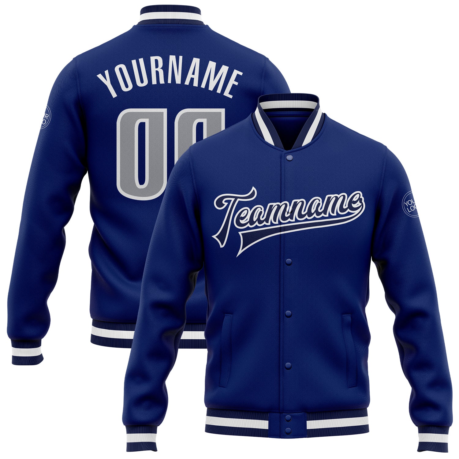 Custom Royal Gray Navy Bomber Varsity Letterman Jacket Full-Snap Design Custom Royal Gray-Navy Bomber Full-Snap Varsity Letterman