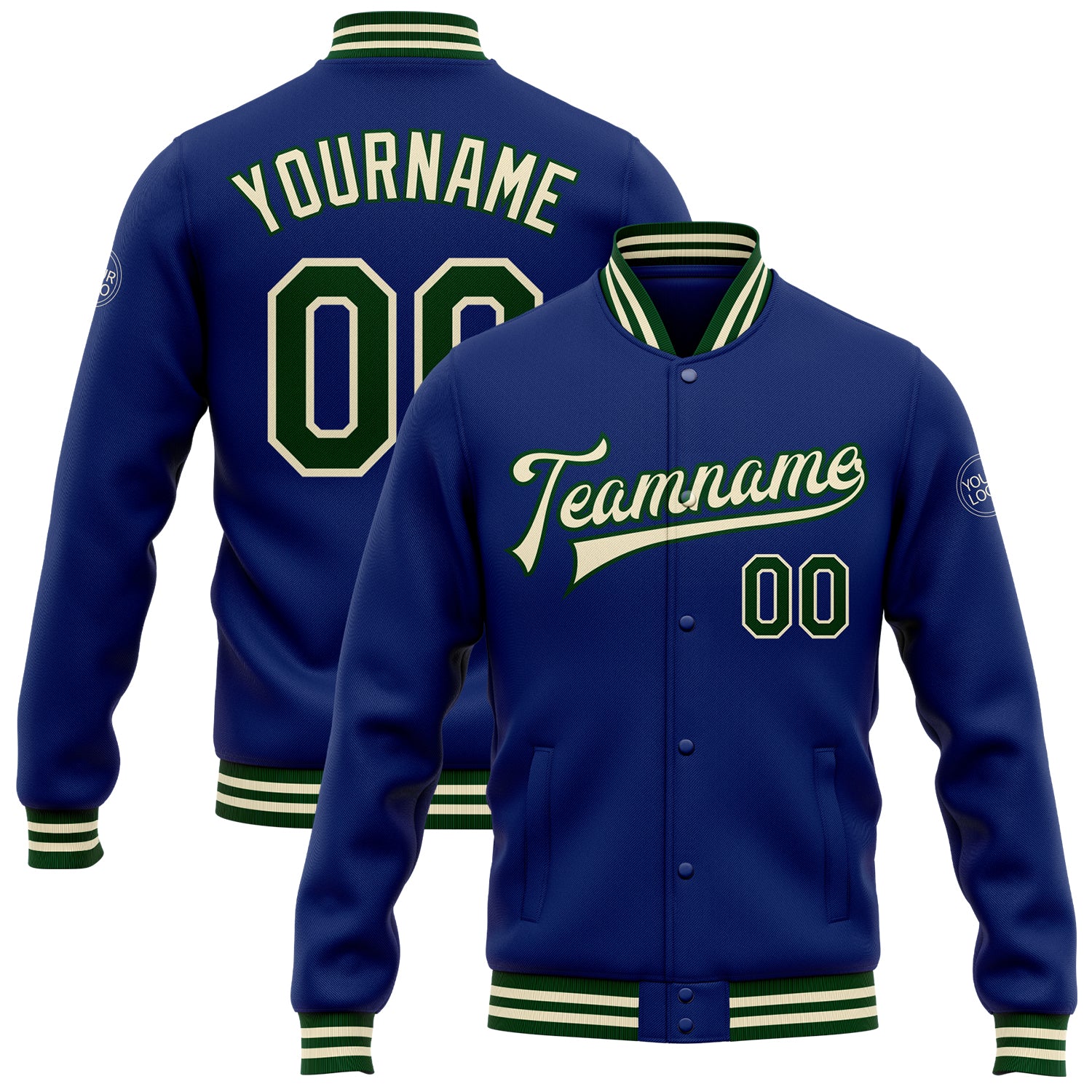 Custom Royal Green-Cream Bomber Full-Snap Varsity Letterman Jacket Royal Green Cream Custom Bomber Jacket Mens Full-Snap Varsity Letterman Custom Royal Green-Cream Bomber Full-Snap Varsity - Image 1