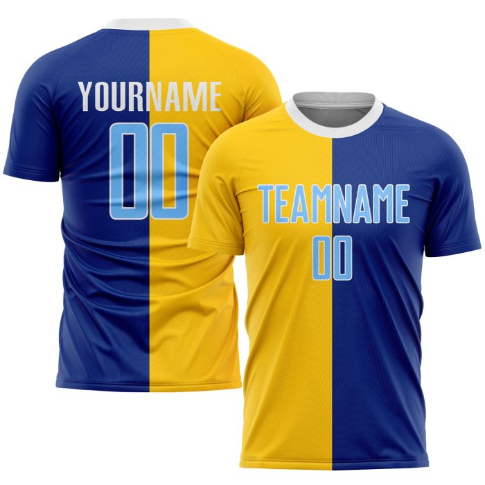 Light Blue Gold Sublimation Soccer Jersey Custom Fashion Uniform Custom Royal Light Blue-Gold Sublimation Split Fashion Soccer - Image 1