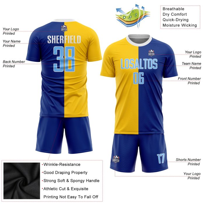 Light Blue Gold Sublimation Soccer Jersey Custom Fashion Uniform Custom Royal Light Blue-Gold Sublimation Split Fashion Soccer - Image 3