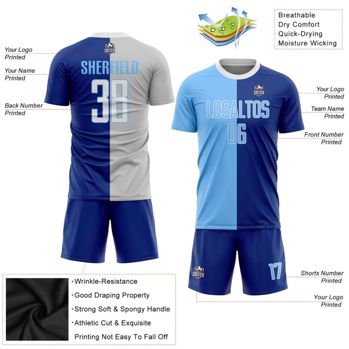 Light Blue-White Custom Soccer Jersey - Sublimation Split Fashion Uniform Custom Royal Light Blue-White Sublimation Split - Image 3