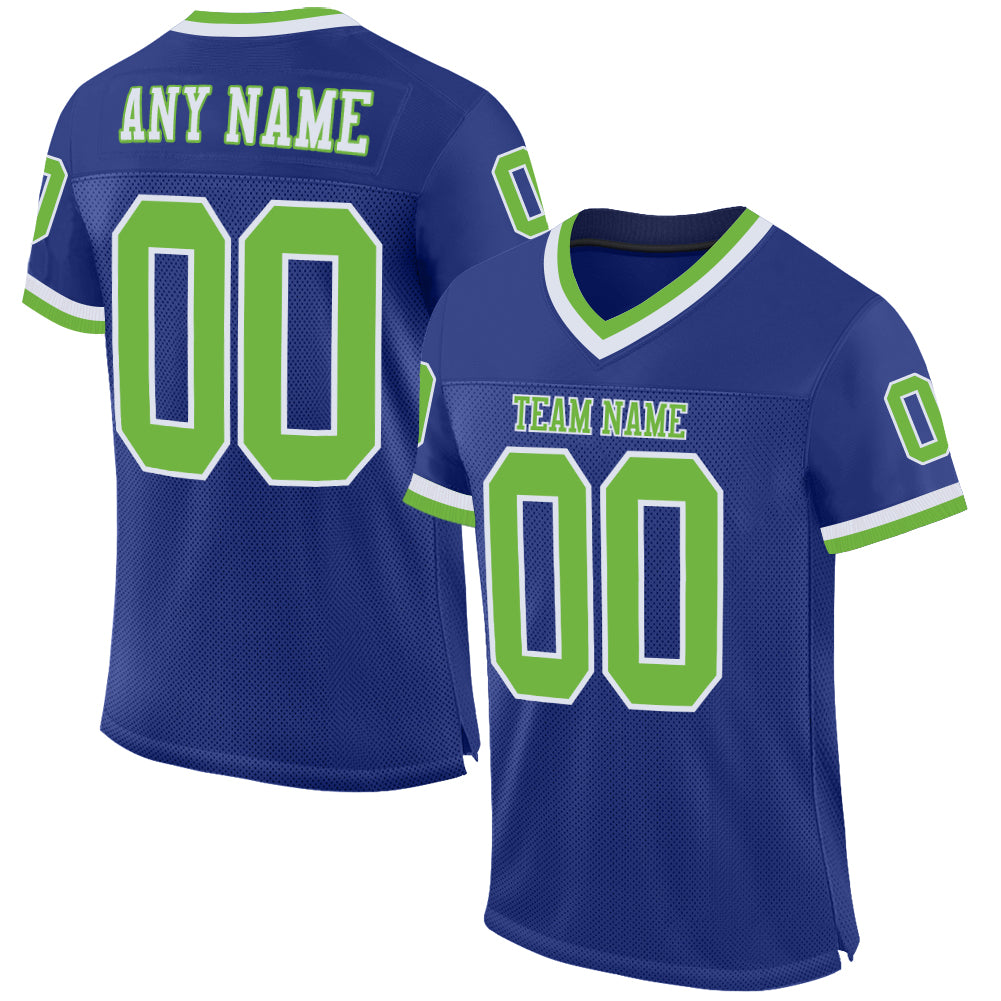 Custom Neon Green White Throwback Football Jersey - Authentic Mesh Design Custom Royal Neon Green-White Mesh Authentic Throwback