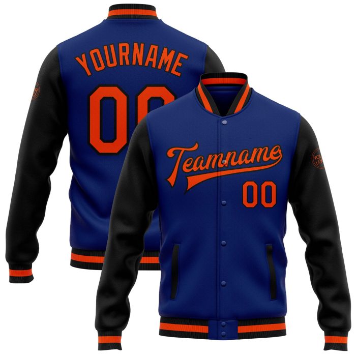 Royal Orange Black Bomber Jacket Custom Full-Snap Varsity Letterman Two Tone Custom Royal Orange-Black Bomber Full-Snap Varsity - Image 1