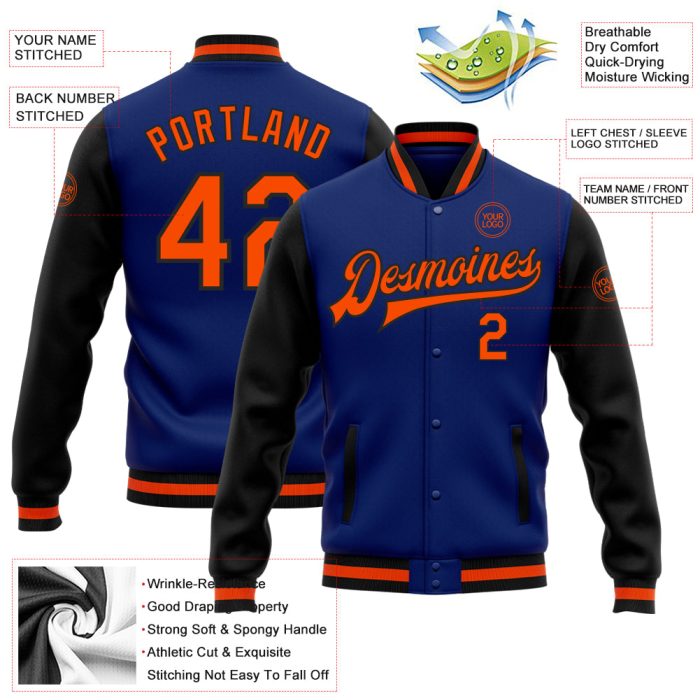 Royal Orange Black Bomber Jacket Custom Full-Snap Varsity Letterman Two Tone Custom Royal Orange-Black Bomber Full-Snap Varsity - Image 3