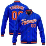 Custom Royal Orange-Navy 3D Bomber Varsity Letterman Jacket, Full-Snap Design Custom Royal Orange-Navy 3D Pattern Design
