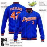 Custom Royal Orange-Navy 3D Bomber Varsity Letterman Jacket, Full-Snap Design Custom Royal Orange-Navy 3D Pattern Design - Image 3