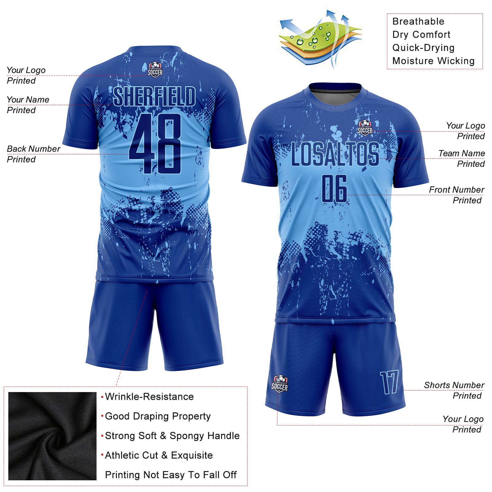 Custom Royal Pink-Light Blue Sublimation Soccer Uniform Jersey Custom Pink Blue Soccer Jersey - Personalized Sublimation Uniform Custom Royal Pink-Light Blue Sublimation Soccer Uniform - Image 3