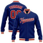 Custom Royal Red-Cream Varsity Letterman Jacket Full-Snap Bomber Style Custom Royal Red-Cream Bomber Full-Snap Varsity Letterman