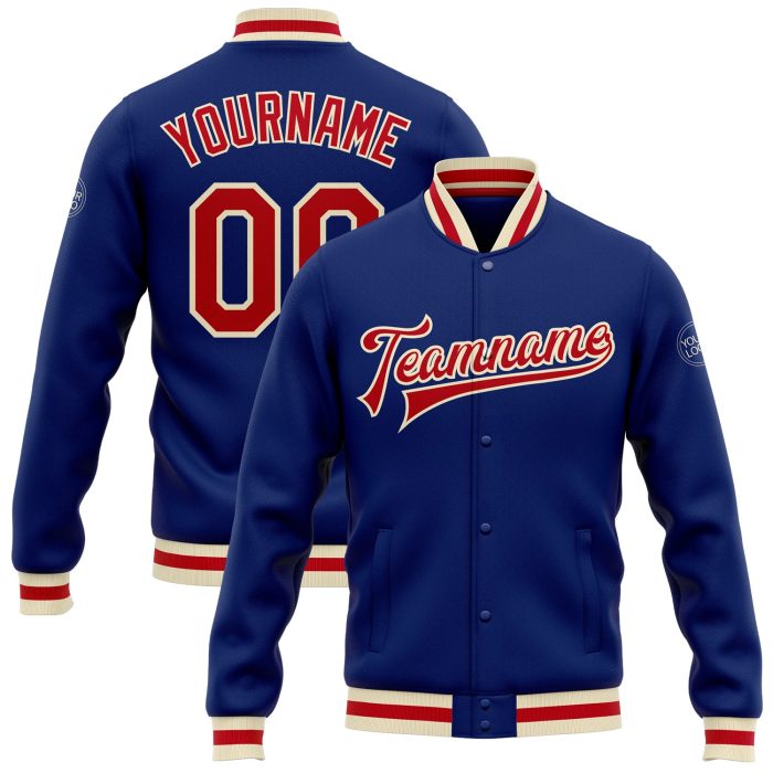 Custom Royal Red-Cream Varsity Letterman Jacket Full-Snap Bomber Style Custom Royal Red-Cream Bomber Full-Snap Varsity Letterman - Image 1