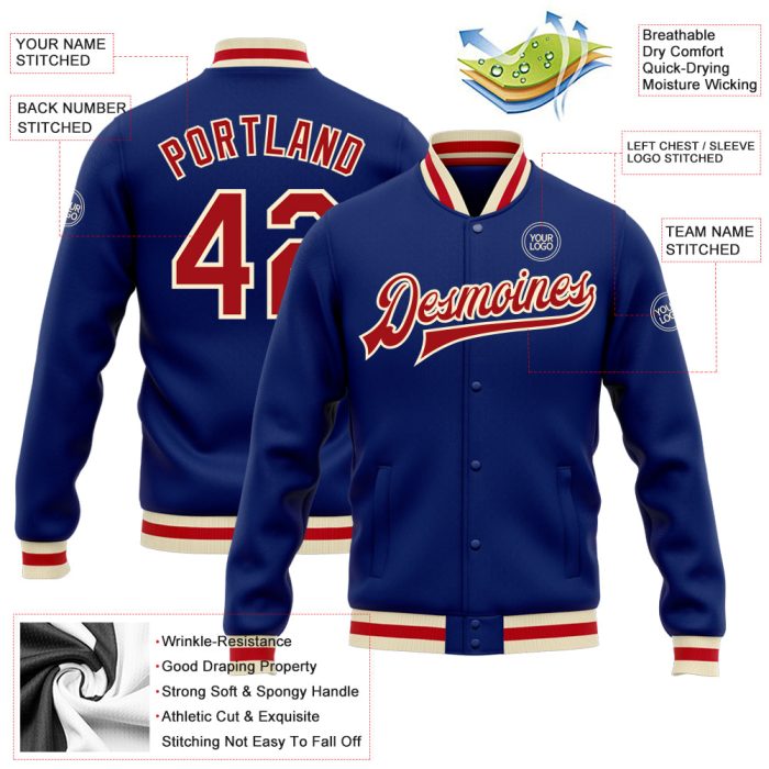 Custom Royal Red-Cream Varsity Letterman Jacket Full-Snap Bomber Style Custom Royal Red-Cream Bomber Full-Snap Varsity Letterman - Image 3