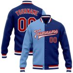 Custom Royal Red and Light Blue Varsity Bomber Jacket Full-Snap Letterman Custom Royal Red-Light Blue Bomber Full-Snap Varsity
