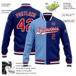 Custom Royal Red and Light Blue Varsity Bomber Jacket Full-Snap Letterman Custom Royal Red-Light Blue Bomber Full-Snap Varsity - Image 3