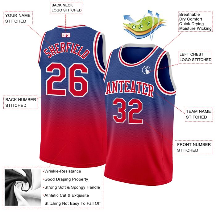 Custom Royal Red-White Basketball Jersey - Authentic Fade Fashion Design Custom Royal Red-White Authentic Fade Fashion Basketball - Image 2