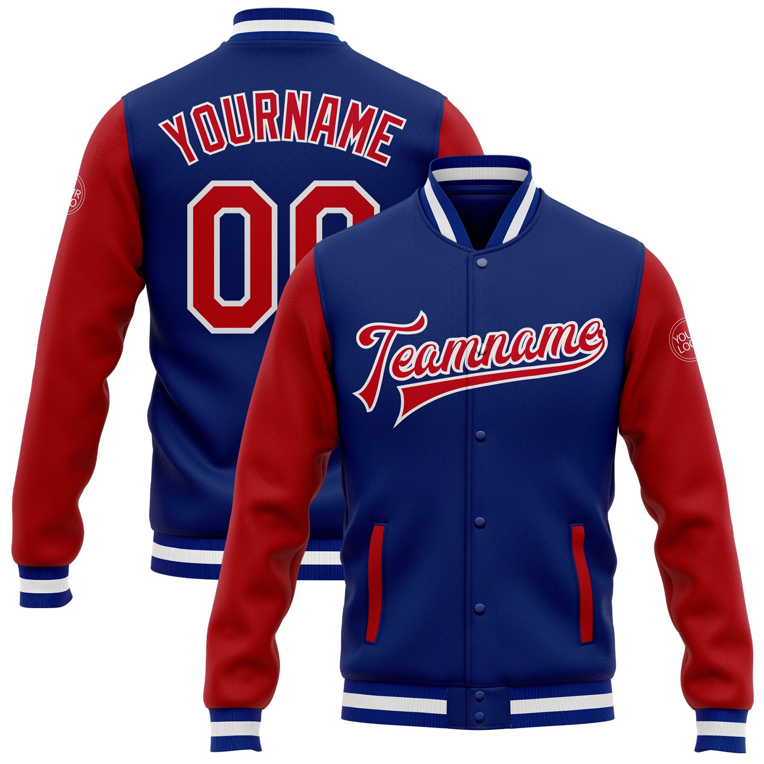 Custom Bomber Jacket Red White Varsity Letterman Two Tone Full-Snap Custom Royal Red-White Bomber Full-Snap Varsity Letterman