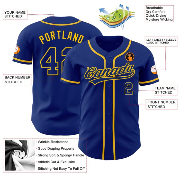Custom Authentic Baseball Jersey - Royal Gold Stylish Design for Fans Custom Royal Royal-Gold Authentic Baseball Jersey - Image 3