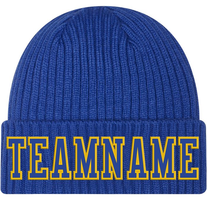 Custom Royal Gold Stitched Knit Hat - Cuffed Winter Beanie for Men and Women Custom Royal Royal-Gold Stitched Cuffed Knit - Image 1