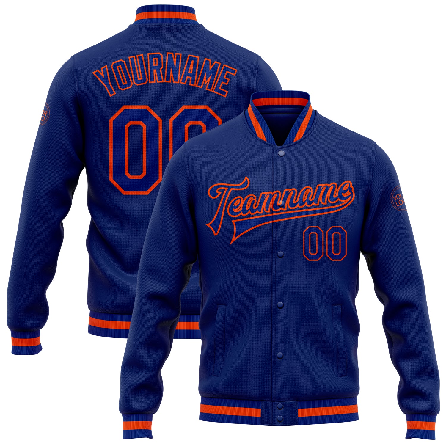Custom Royal Royal-Orange Bomber Full-Snap Varsity Letterman Jacket Custom Royal-Orange Varsity Letterman Bomber Jacket, Full-Snap Design Custom Royal Royal-Orange Bomber Full-Snap Varsity - Image 1