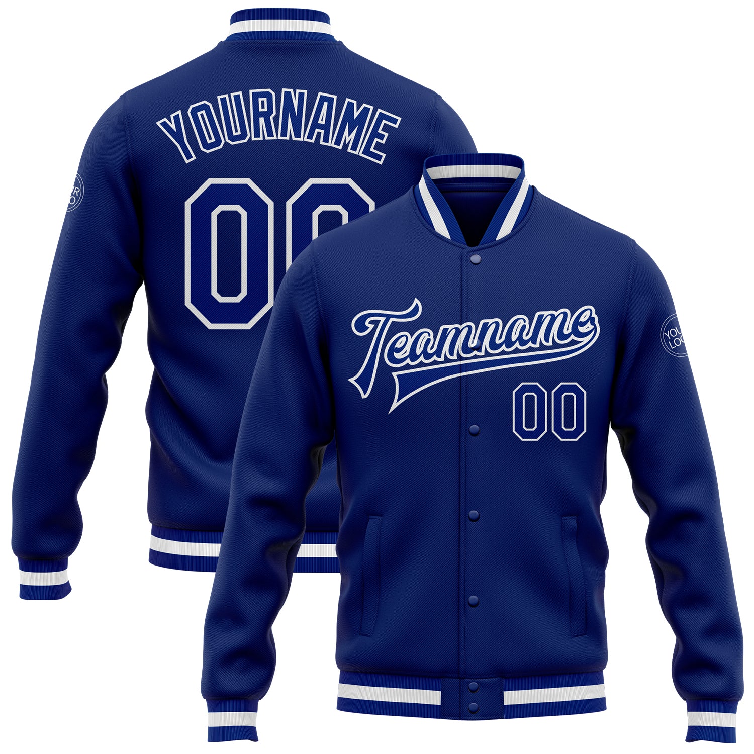 Custom Royal White Varsity Letterman Bomber Jacket Full-Snap Design Custom Royal Royal-White Bomber Full-Snap Varsity Letterman
