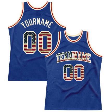 Custom USA Vintage Flag Basketball Jersey - Authentic Cream Throwback Style Custom Royal Vintage USA Flag-Cream Authentic
