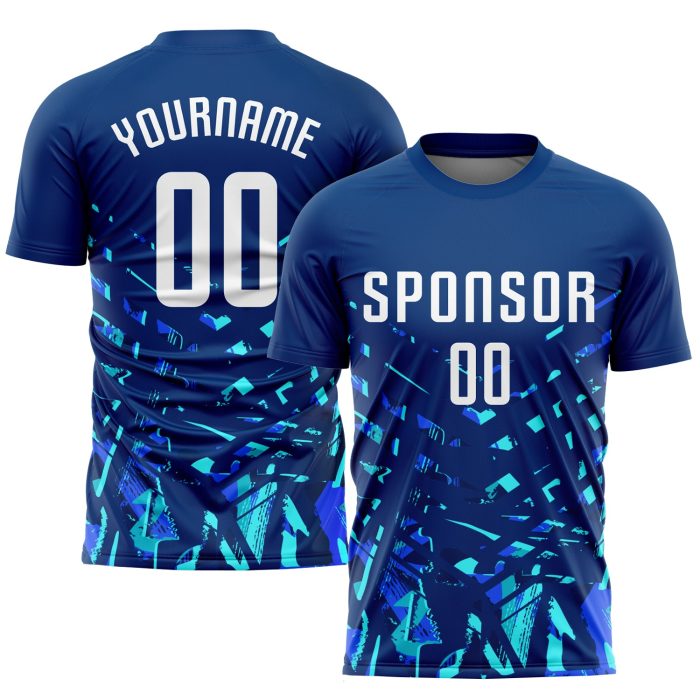 Custom Sublimation Soccer Jersey - Royal White and Aqua Blue Uniform Custom Royal White-Aqua Blue Sublimation Soccer Uniform - Image 1