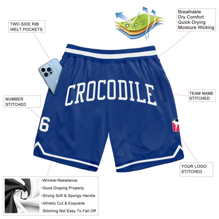 Custom Royal White Authentic Basketball Shorts - Throwback Style Custom Royal White Authentic Throwback Basketball Shorts - Image 2