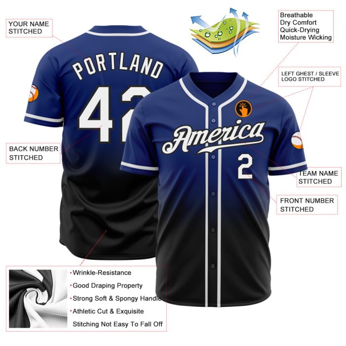Custom White-Black Authentic Baseball Jersey - Fashion Fade Design Custom Royal White-Black Authentic Fade Fashion Baseball - Image 2