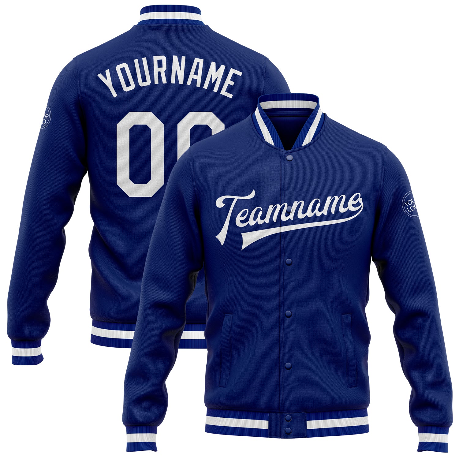 Custom Varsity Letterman Jacket White Bomber Full-Snap for Men and Women Custom Royal White Bomber Full-Snap Varsity Letterman