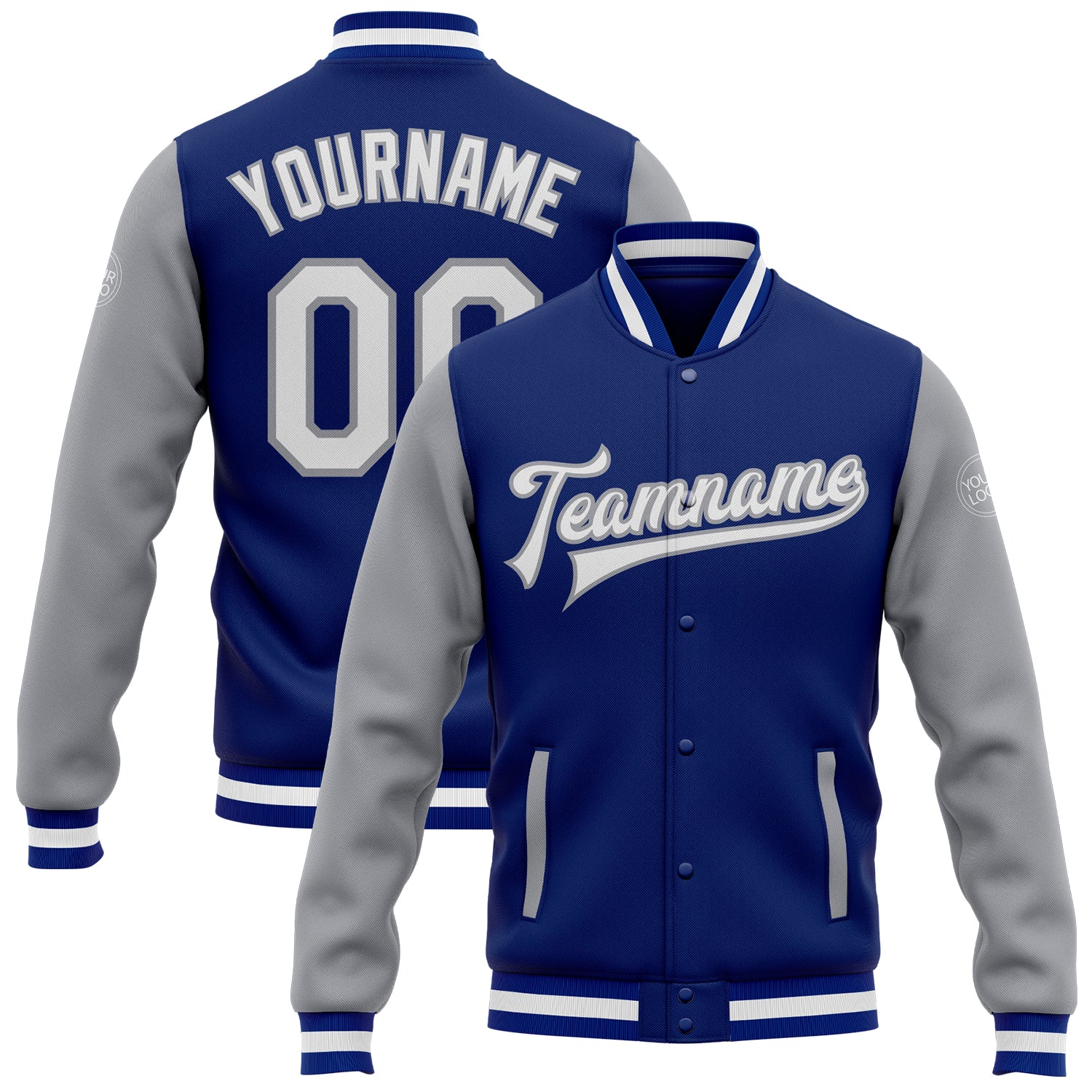 Custom Royal Gray Bomber Jacket for Men, Full-Snap Varsity Letterman Two-Tone White Gray Design Custom Royal White-Gray Bomber