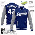 Custom Royal Gray Bomber Jacket for Men, Full-Snap Varsity Letterman Two-Tone White Gray Design Custom Royal White-Gray Bomber - Image 3