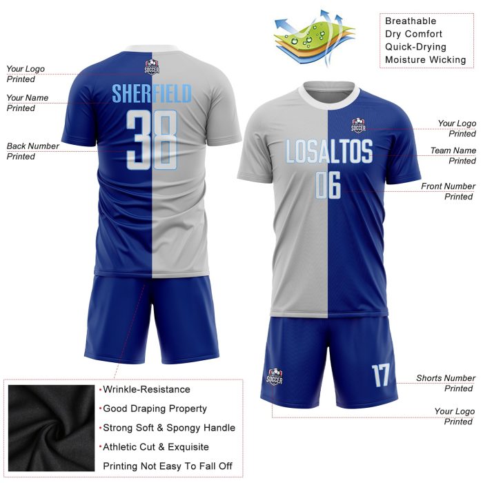 Custom White Gray Soccer Jersey - Fashion Sublimation Split Uniform Custom Royal White-Gray Sublimation Split Fashion Soccer - Image 3