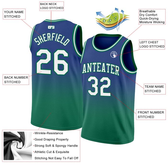 Custom Royal Green Basketball Jersey - Authentic Fade Design, Fashion Fit Custom Royal White-Kelly Green Authentic Fade Fashion - Image 2