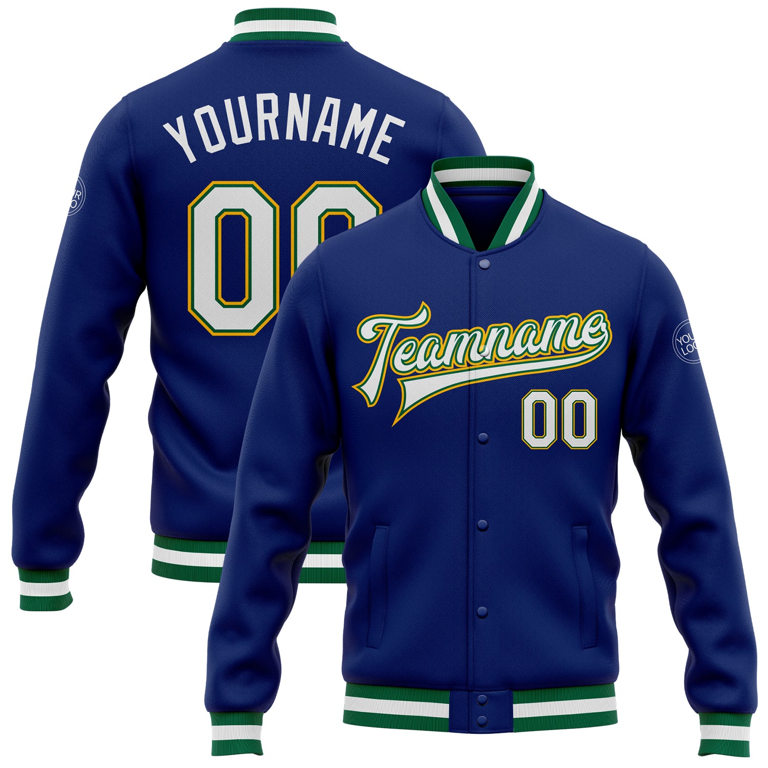Custom Royal White Varsity Letterman Bomber Jacket Green and Gold Full-Snap Custom Royal White Kelly Green-Gold Bomber Full-Snap