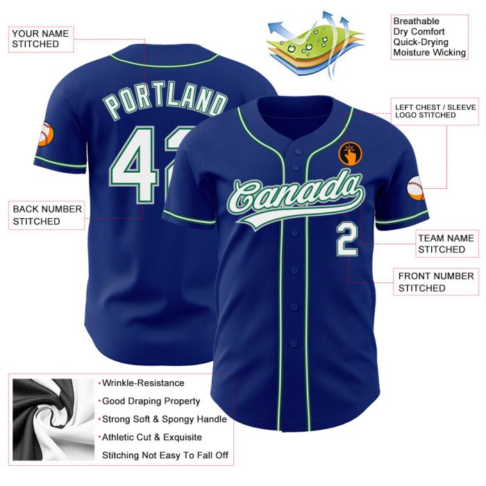Custom Royal White Kelly Green Gray Baseball Jersey - Authentic Team Apparel Custom Royal White Kelly Green-Gray Authentic - Image 3