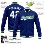 Custom Royal White Varsity Letterman Jacket Green Gray Full-Snap Bomber Custom Royal White Kelly Green-Gray Bomber Full-Snap - Image 3
