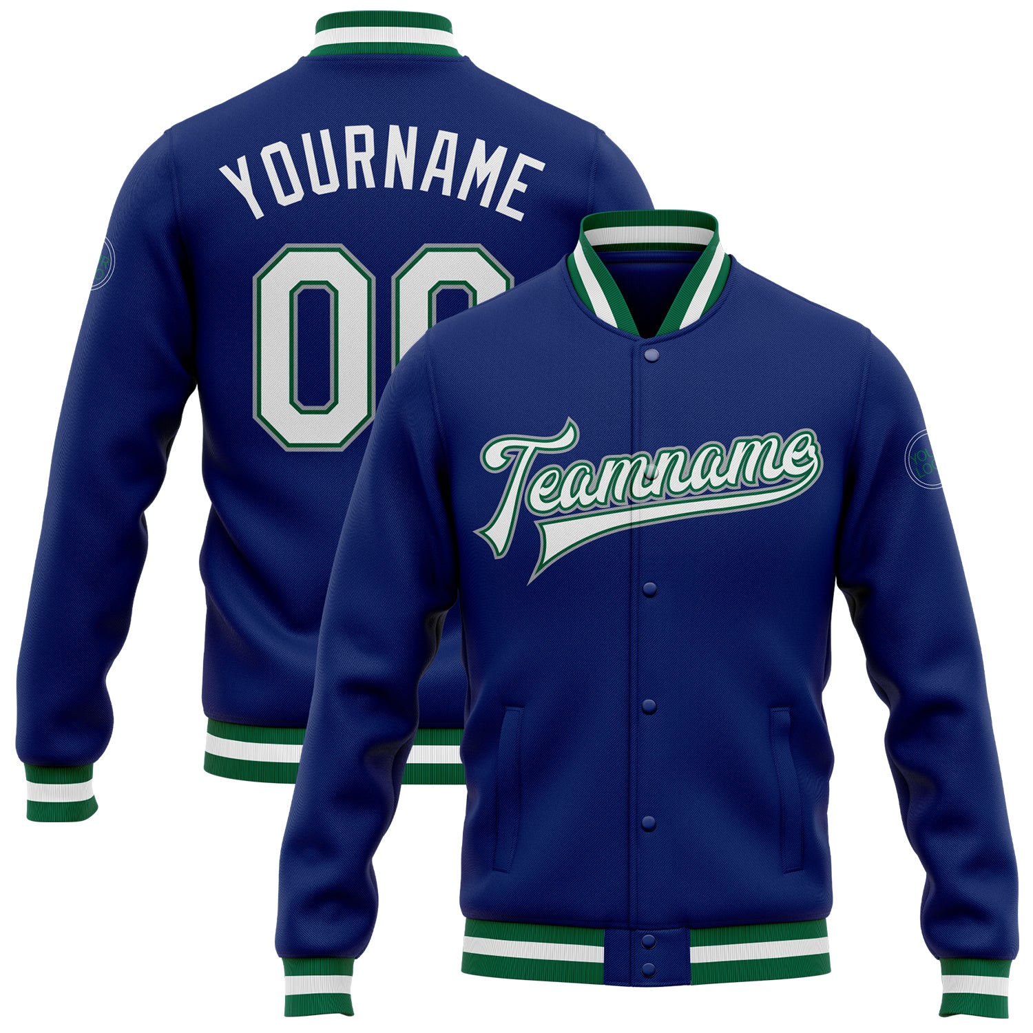 Custom Royal White Kelly Green-Gray Bomber Full-Snap Varsity Letterman Jacket Custom Royal White Varsity Letterman Jacket Green Gray Full-Snap Bomber Custom Royal White Kelly Green-Gray Bomber Full-Snap - Image 1