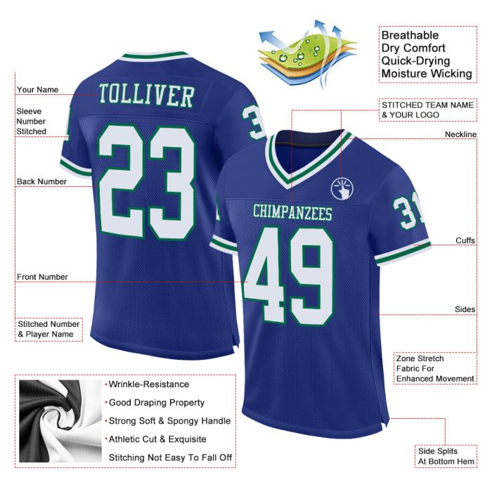 Custom Authentic Throwback Football Jersey in Royal White and Kelly Green Mesh Custom Royal White-Kelly Green Mesh Authentic - Image 2
