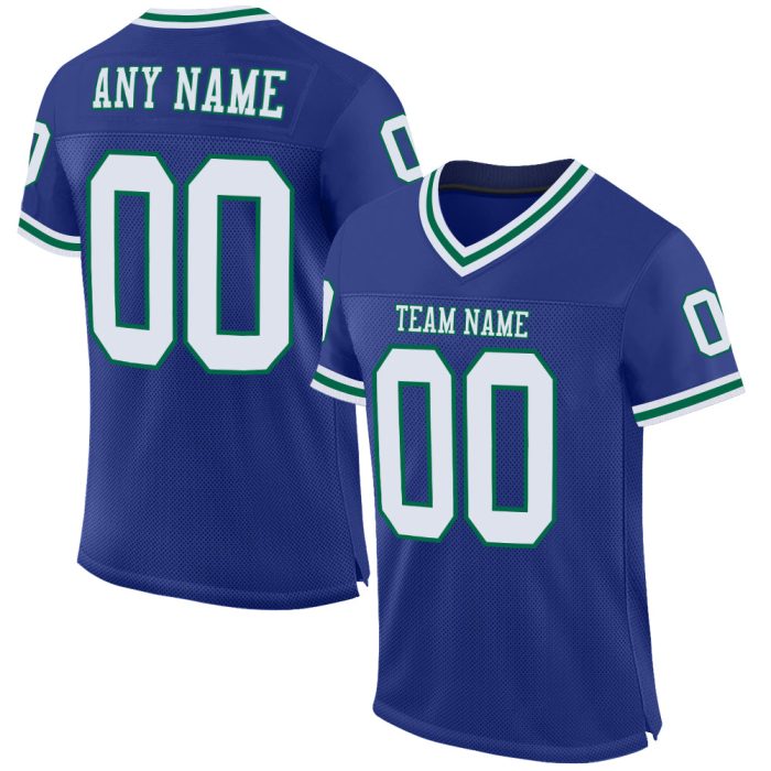 Custom Authentic Throwback Football Jersey in Royal White and Kelly Green Mesh Custom Royal White-Kelly Green Mesh Authentic - Image 1
