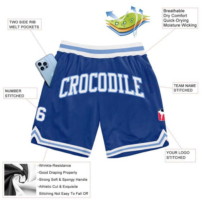 Custom Throwback Basketball Shorts - Royal White and Light Blue Authentic Design Custom Royal White-Light Blue Authentic - Image 2