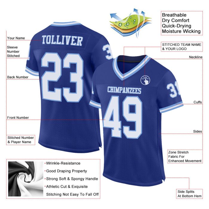 Custom Royal Blue Light Blue Mesh Throwback Football Jersey Authentic Custom Royal White-Light Blue Mesh Authentic Throwback - Image 2